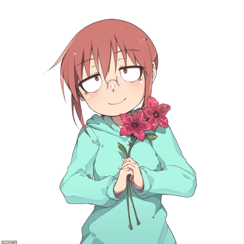 1girl aqua_hoodie bangs breasts closed_mouth flower glasses head_tilt holding holding_flower kobayashi-san_chi_no_maidragon kobayashi_(maidragon) looking_at_viewer medium_breasts medium_hair once_11h own_hands_together red_eyes redhead simple_background smile solo standing upper_body white_background