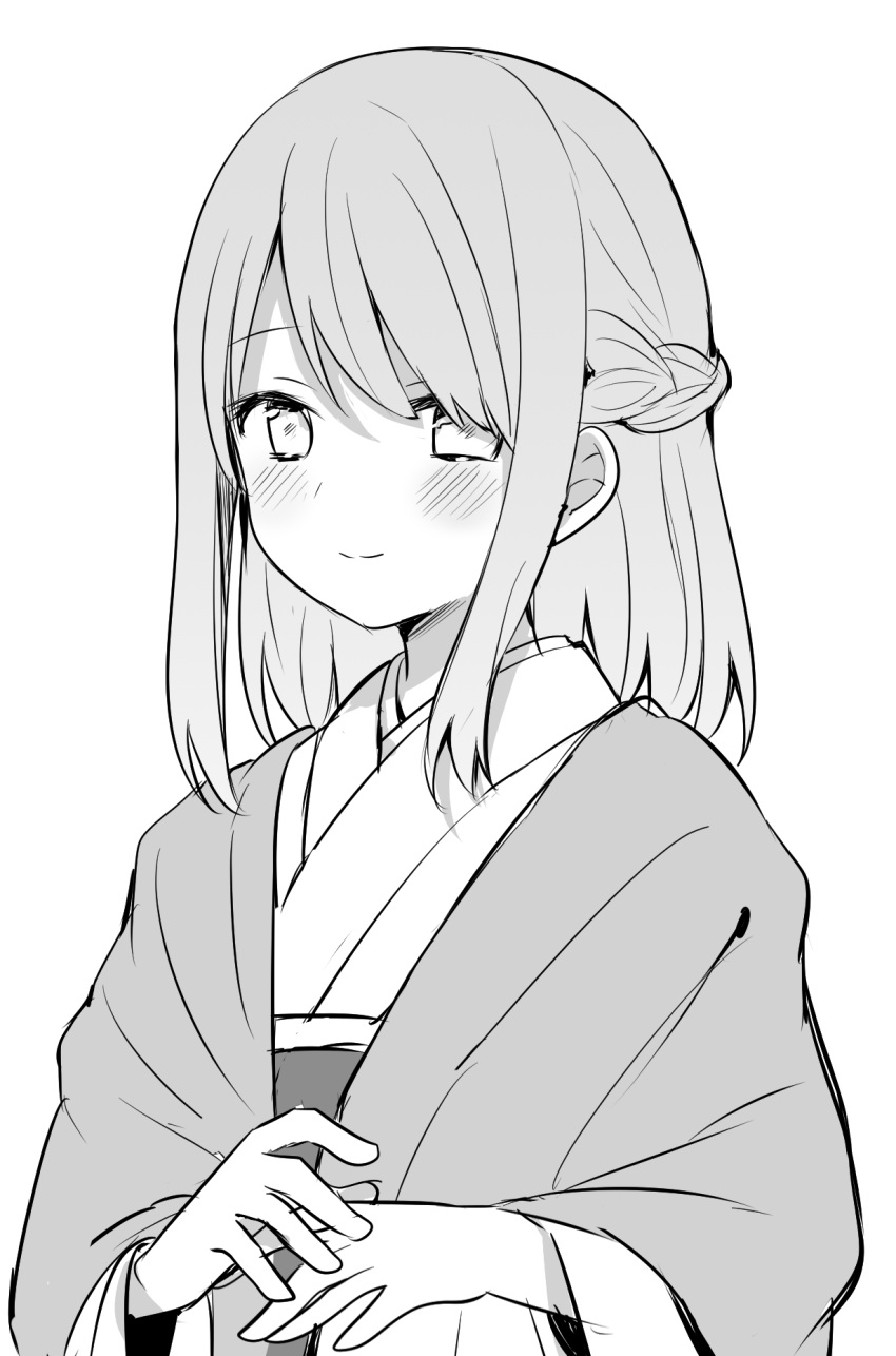 1girl blush braid character_request chiune_(yachi) closed_mouth greyscale hair_over_one_eye highres japanese_clothes kimono long_sleeves monochrome obi sash simple_background smile solo tsumugu_otome_to_taishou_no_tsuki upper_body white_background wide_sleeves