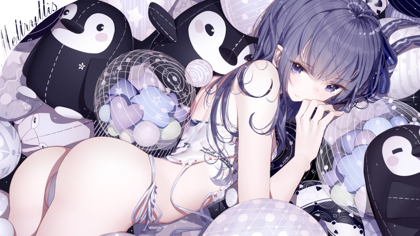 1girl ass atha_(leejuiping) babydoll bangs blue_eyes eyebrows_visible_through_hair fate/grand_order fate_(series) highres long_hair looking_at_viewer lying meltryllis_(fate) on_side panties purple_hair side-tie_panties solo stuffed_animal stuffed_penguin stuffed_toy underwear white_panties