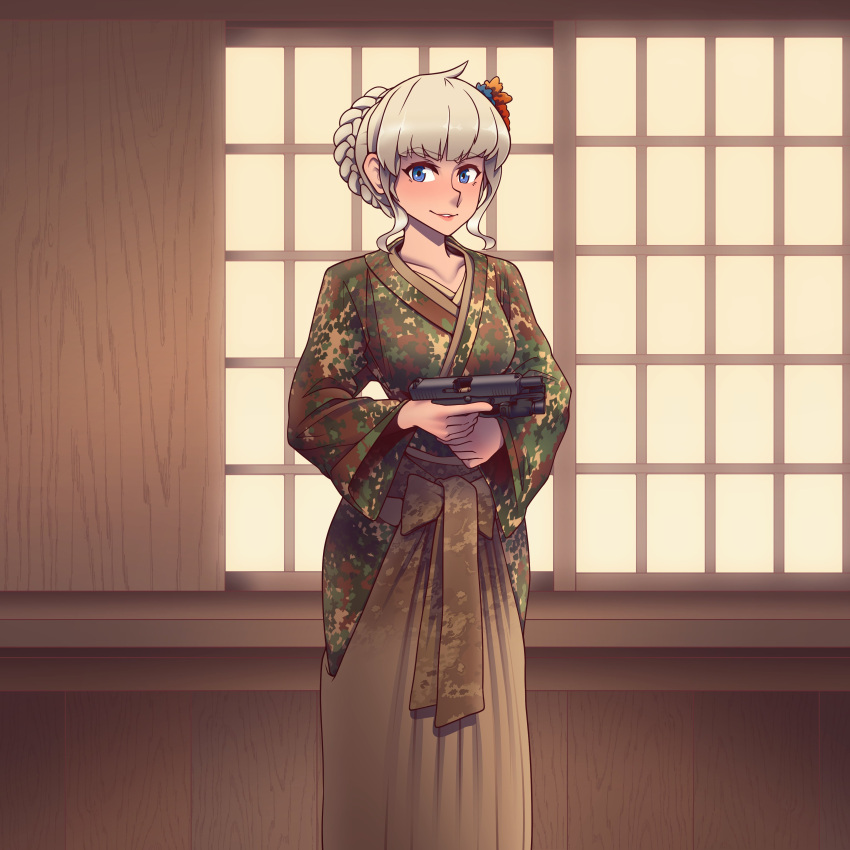 1girl absurdres antenna_hair bangs blonde_hair blue_eyes camouflage closed_mouth gun hair_between_eyes hair_ornament handgun highres holding holding_gun holding_weapon indoors japanese_clothes kimono lipstick long_sleeves looking_at_viewer makeup mp-443 original pistol solo weapon willy_pete