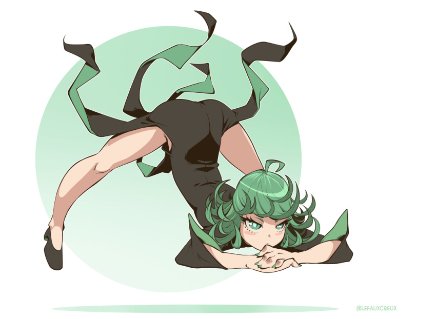 1girl arm_rest ass black_dress creux curly_hair dress flexible green_eyes green_hair jack-o'_challenge meme nail_polish one-punch_man pose shoes side_slit spread_legs stretch tatsumaki top-down_bottom-up wide_spread_legs