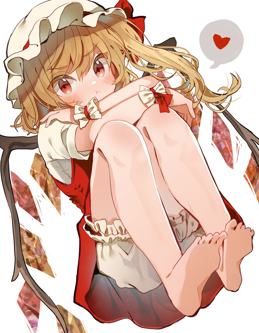 1girl bangs blonde_hair bloomers blush closed_mouth eyebrows_visible_through_hair flandre_scarlet grumpy hair_between_eyes hat highres looking_at_viewer mob_cap one_side_up red_eyes short_hair simple_background solo tamagogayu1998 touhou underwear white_background white_headwear wrist_cuffs