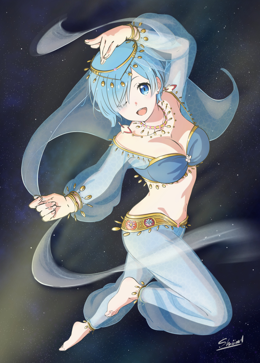 1girl :d absurdres alternate_costume anklet arm_up bare_shoulders barefoot blue_eyes blue_hair bracelet circlet collarbone commentary_request dancer earrings full_body gold hair_over_one_eye harem_outfit harem_pants highres jewelry looking_at_viewer navel necklace one_eye_closed open_mouth pants re:zero_kara_hajimeru_isekai_seikatsu rem_(re:zero) see-through shawl sheer_clothes shiima signature smile solo upper_teeth