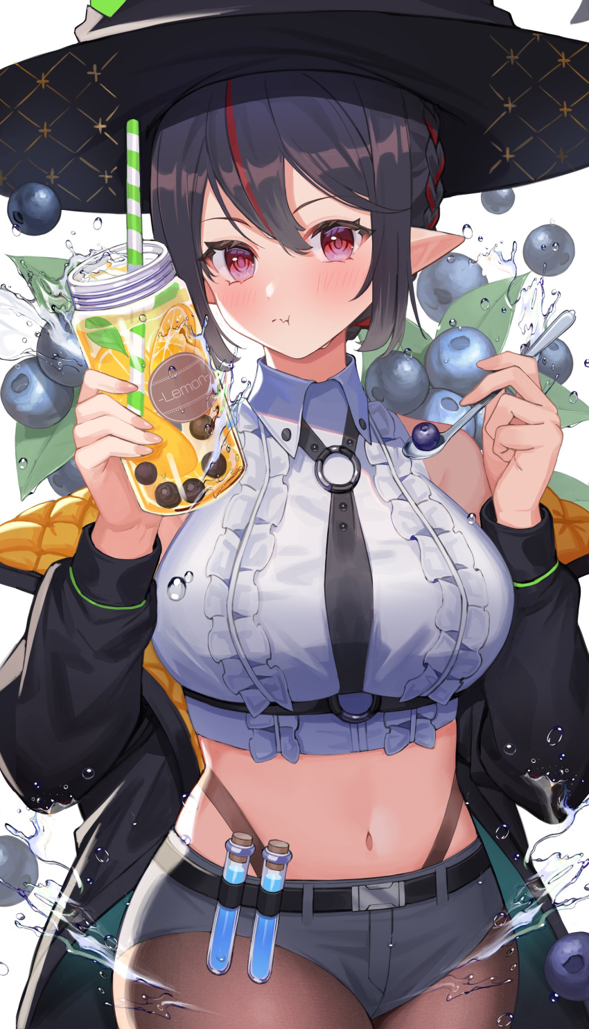 1girl :t absurdres amahara_subaru bare_shoulders belt black_hair black_headwear black_jacket black_shorts braid breasts brown_legwear chest_harness collared_shirt cowboy_shot crop_top cup drinking_glass frilled_shirt frills hands_up harness hat highleg highres holding indie_virtual_youtuber isonade_orca jacket jar large_breasts looking_at_viewer micro_shorts midriff multicolored_hair navel off_shoulder open_clothes open_jacket pantyhose pointy_ears red_eyes shirt short_hair shorts sleeveless sleeveless_shirt solo stomach streaked_hair test_tube virtual_youtuber white_shirt witch_hat