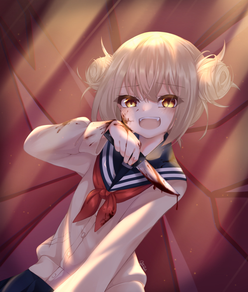1girl absurdres artist_name bangs blonde_hair blood blood_drip blood_on_clothes blood_on_face blood_on_hands blood_on_knife blue_sailor_collar blue_skirt blush boku_no_hero_academia cardigan cyan_paint double_bun dripping dutch_angle eyebrows_visible_through_hair eyelashes fangs head_tilt highres holding holding_knife knife long_sleeves looking_at_viewer messy_hair neckerchief open_mouth pleated_skirt raised_eyebrows red_background red_neckwear sailor_collar school_uniform serafuku signature skirt smile solo teeth toga_himiko yellow_cardigan yellow_eyes