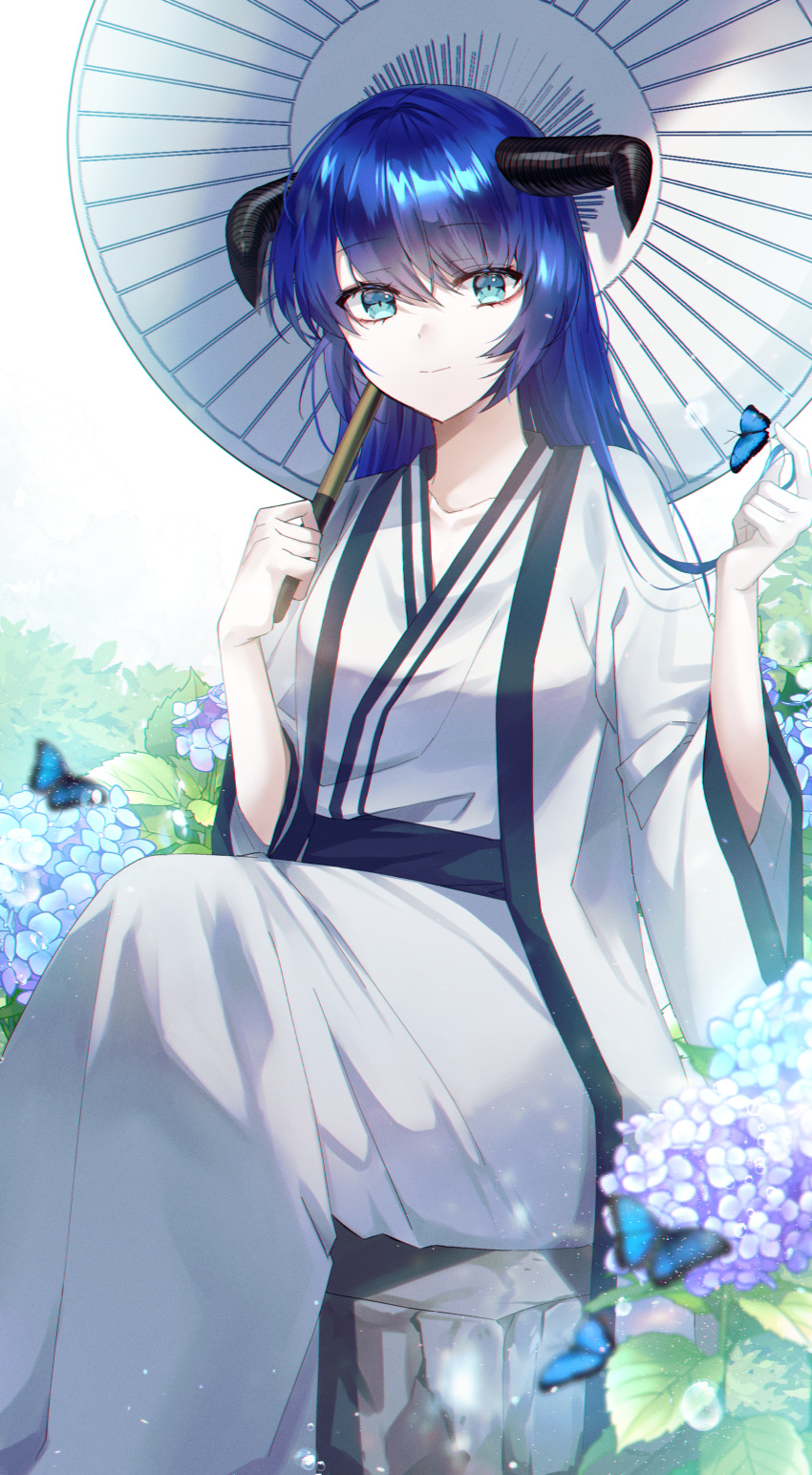 1girl absurdres alternate_costume aqua_eyes arknights bangs blue_hair bug butterfly closed_mouth collarbone commission day eyebrows_visible_through_hair feet_out_of_frame flower highres holding holding_umbrella horns hydrangea insect japanese_clothes kimono long_hair long_sleeves looking_at_viewer mostima_(arknights) oil-paper_umbrella open_clothes outdoors poho solo umbrella white_kimono wide_sleeves