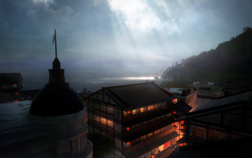 absurdres architecture building clouds east_asian_architecture flag fog grass highres hill hisamesy horizon huge_filesize japanese_flag light_rays lighthouse original rock scenery sky sunbeam sunlight water window