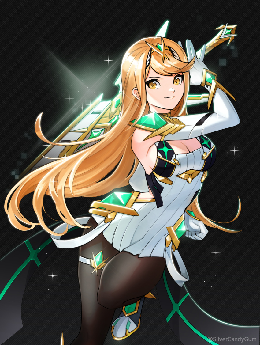 1girl aegis_sword_(xenoblade) bangs blonde_hair blush breasts earrings elbow_gloves gloves headpiece highres jewelry large_breasts long_hair looking_at_viewer mythra_(xenoblade) silvercandy_gum simple_background smile solo super_smash_bros. swept_bangs thigh-highs tiara very_long_hair xenoblade_chronicles_(series) xenoblade_chronicles_2 yellow_eyes