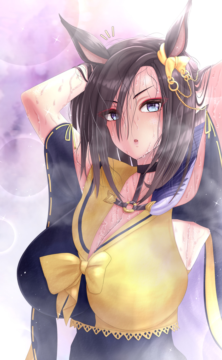 1girl air_groove_(umamusume) anetani_kiki animal_ears armpits arms_behind_head arms_up black_hair blue_eyes blurry blurry_background bow breasts ears eyeliner highres horse_ears large_breasts looking_at_viewer makeup messy_hair open_mouth parted_lips purple_background racing_suit steam surprised sweat sweating_profusely umamusume