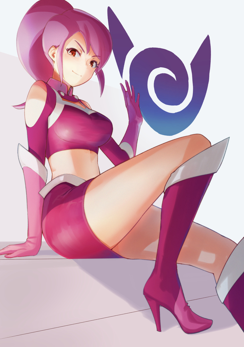 1girl absurdres arm_support bangs banka_(pixiv21424331) bare_shoulders boots breasts closed_mouth commentary_request crop_top eyelashes gloves hand_up high_heel_boots high_heels highres lavana_(pokemon) long_hair midriff pink_gloves pokemon pokemon_ranger_2 ponytail purple_footwear purple_hair purple_skirt red_eyes sidelocks sitting skirt smile solo team_dim_sun