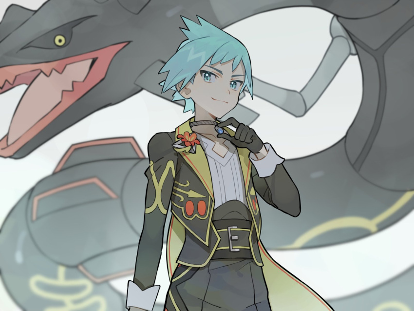 1boy alternate_color bangs belt black_gloves black_sclera blue_eyes blue_hair closed_mouth collar colored_sclera commentary_request flower gem gen_3_pokemon gloves highres legendary_pokemon long_sleeves looking_at_viewer male_focus official_alternate_costume pokemon pokemon_(game) pokemon_masters_ex rata_(m40929) rayquaza shiny_pokemon shirt short_hair smile spiky_hair steven_stone white_background white_shirt yellow_eyes