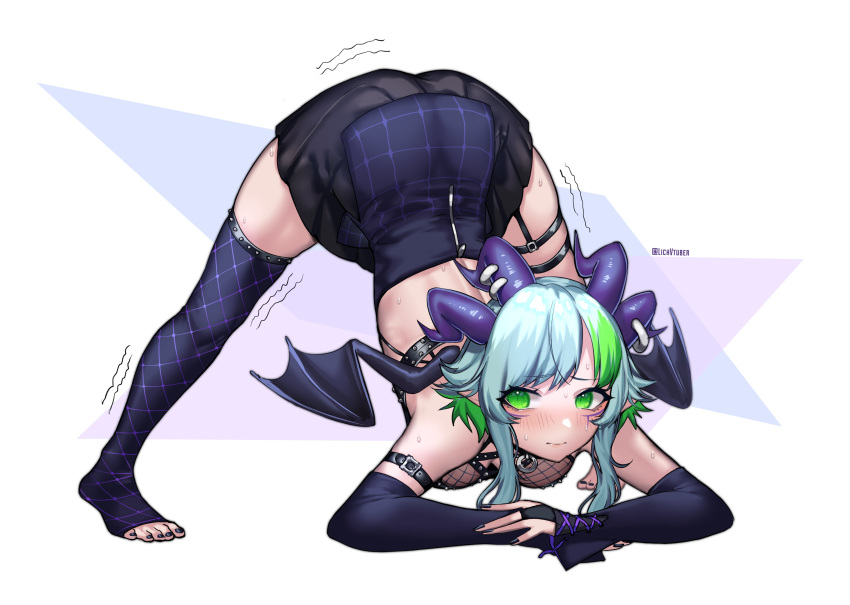1girl absurdres artist_name bare_shoulders blue_hair blush breasts bridal_gauntlets bsapricot bsapricot_(vtuber) demon_girl demon_horns demon_wings detached_sleeves english_commentary eyebrows_visible_through_hair green_eyes green_hair highres horns jack-o'_challenge looking_at_viewer medium_breasts multicolored_hair short_hair solo sweat thigh-highs toeless_legwear top-down_bottom-up trembling twitter_username two-tone_hair vshojo watermark wings