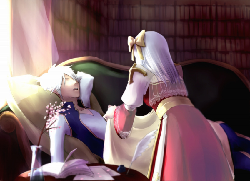 1boy 1girl archbishop_(ragnarok_online) bangs blanket book bow closed_eyes commentary_request couch cross curtains dress feet_out_of_frame hair_bow long_hair looking_at_another mit_(necomit) open_mouth pointy_ears ragnarok_online red_dress sash shirt short_hair shrug_(clothing) sleeping warlock_(ragnarok_online) white_hair white_shirt window yellow_bow yellow_sash