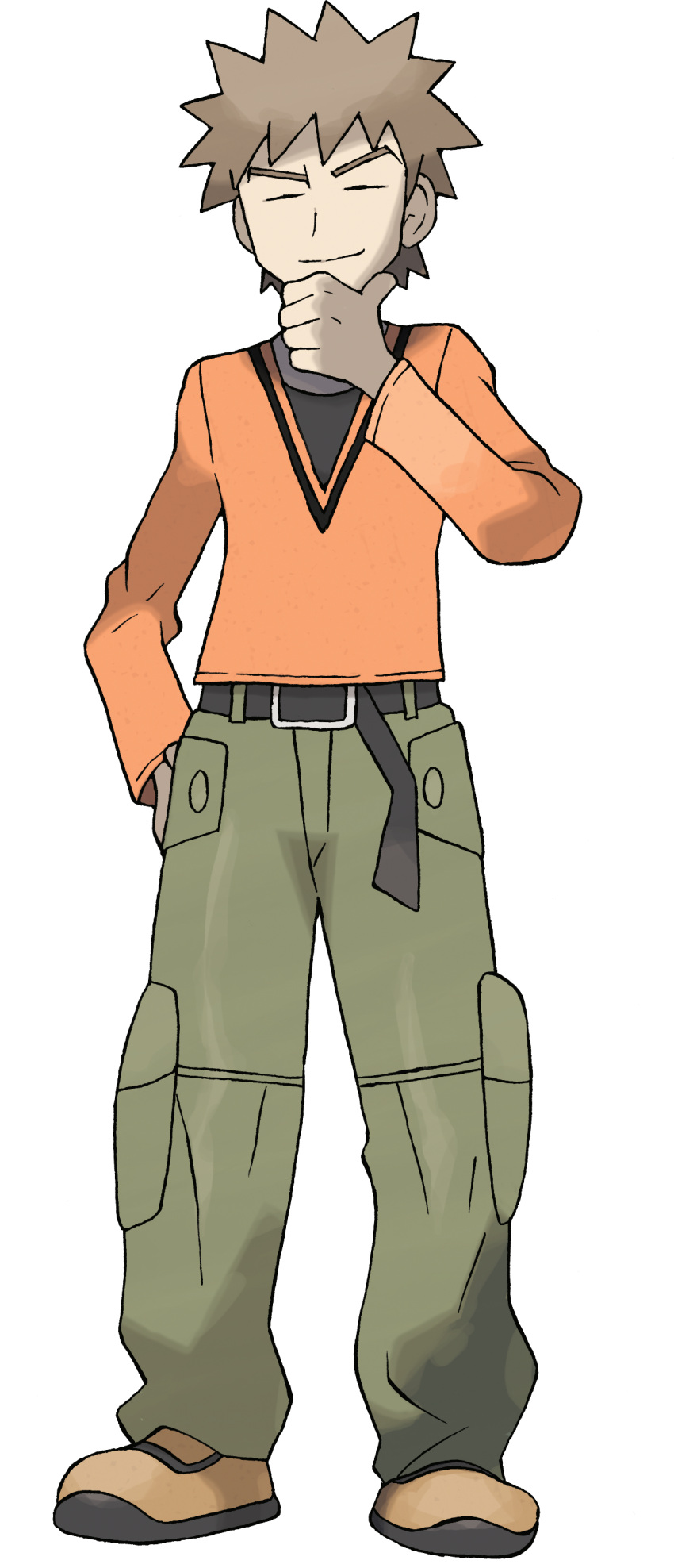 1boy absurdres artist_request bangs belt belt_buckle brock_(pokemon) brown_hair buckle chin_stroking closed_eyes closed_mouth full_body green_pants hand_up highres long_sleeves loose_pants male_focus official_art orange_footwear orange_shirt pants pokemon pokemon_(game) pokemon_hgss shirt shoes short_hair smile solo spiky_hair standing transparent_background