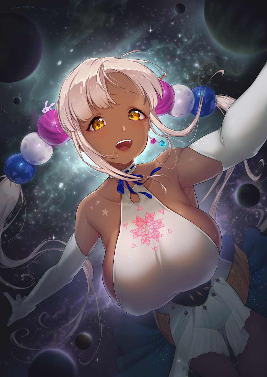 1girl :d armpits bangs bare_shoulders blue_ribbon blue_skirt blush breasts collarbone dark-skinned_female dark_skin dress elbow_gloves gloves hair_bobbles hair_ornament halter_dress halterneck highres hololive hololive_english large_breasts leotard long_hair looking_at_viewer neck_ribbon open_mouth planet ribbon sash see-through showgirl_skirt sideboob skirt smile solo space star_(sky) tsukumo_sana twintails unsfrau very_long_hair virtual_youtuber white_dress white_gloves white_hair yellow_eyes