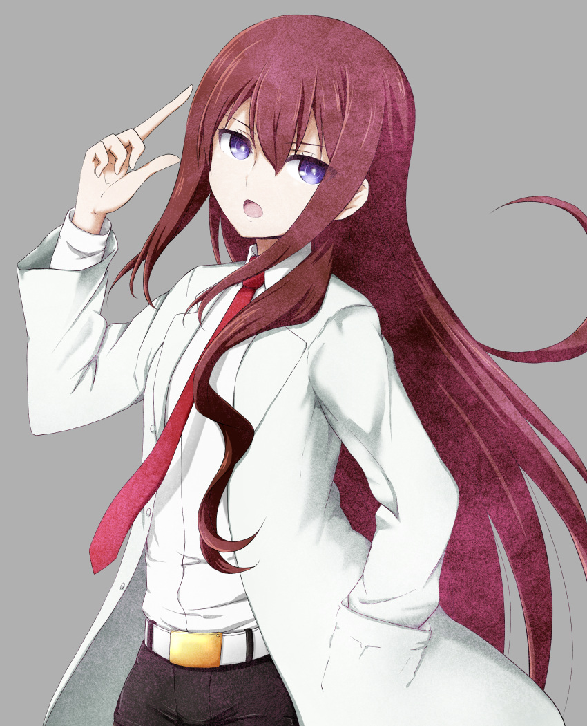 1girl bangs belt belt_buckle black_pants brown_hair buckle collared_shirt dress_shirt eyebrows_visible_through_hair grey_background hair_between_eyes hand_in_pocket hand_up highres kuena labcoat long_hair long_sleeves looking_at_viewer makise_kurisu necktie open_clothes open_mouth pants red_neckwear shirt simple_background solo steins;gate very_long_hair violet_eyes white_belt white_shirt