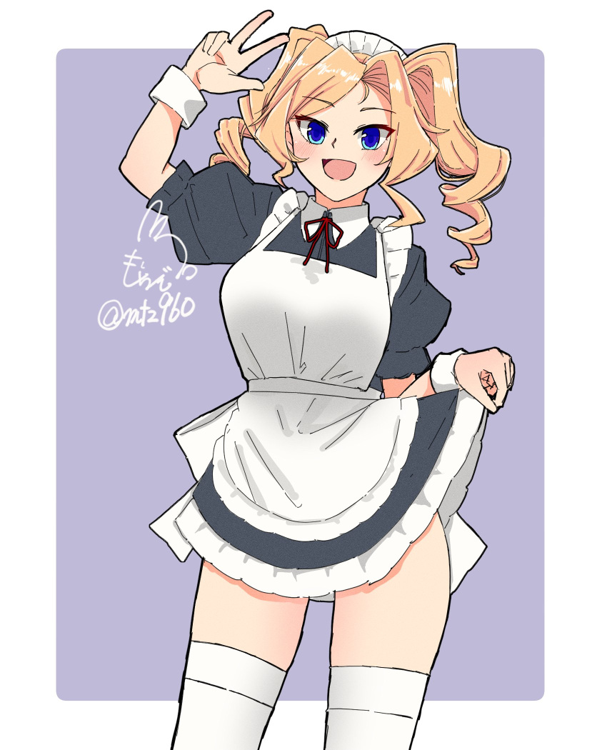 1girl alternate_costume apron black_dress blonde_hair blue_eyes blush breasts dress drill_hair enmaided eyebrows_visible_through_hair frilled_dress frills highres honolulu_(kancolle) kantai_collection large_breasts long_hair maid maid_headdress mochizou one-hour_drawing_challenge open_mouth short_dress signature simple_background skirt_hold solo thigh-highs twin_drills twitter_username w white_apron white_legwear wrist_cuffs