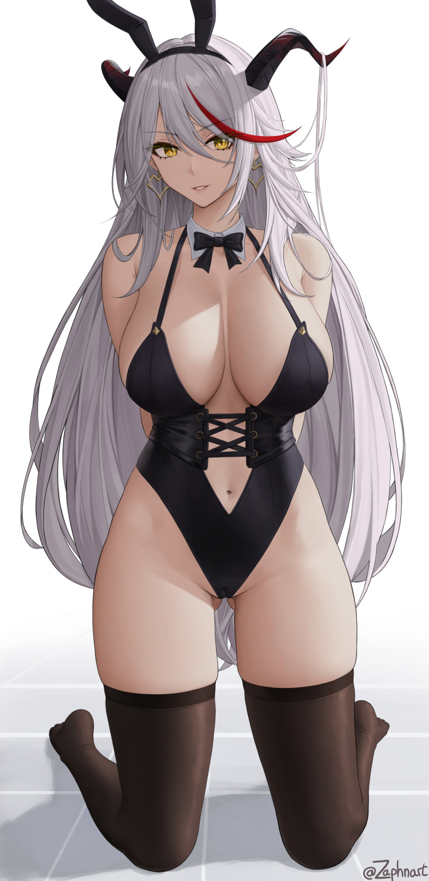1girl absurdres aegir_(azur_lane) animal_ears arms_behind_back ass_visible_through_thighs azur_lane bangs black_corset black_legwear black_leotard bow bowtie breasts clothing_cutout corset demon_horns detached_collar earrings eyebrows_visible_through_hair fake_animal_ears hair_between_eyes heart heart_earrings highres horns jewelry kneeling large_breasts leotard long_hair looking_at_viewer multicolored_hair navel navel_cutout parted_lips playboy_bunny rabbit_ears shirt solo spaghetti_strap streaked_hair thigh-highs thighs very_long_hair white_shirt yellow_eyes zaphn