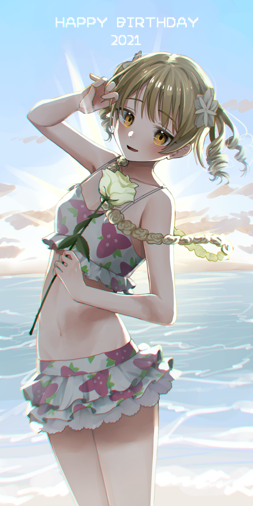 1girl :d absurdres bare_shoulders bikini blonde_hair blurry blush breasts collarbone cowboy_shot depth_of_field dutch_angle eyebrows_visible_through_hair flower frilled_bikini frills hair_flower hair_ornament hand_up happy_birthday highres holding holding_flower horizon idolmaster idolmaster_cinderella_girls light_smile looking_at_viewer midriff morikubo_nono navel ningen_mame ocean open_mouth print_bikini ringlets rose small_breasts smile solo sunlight swimsuit twintails