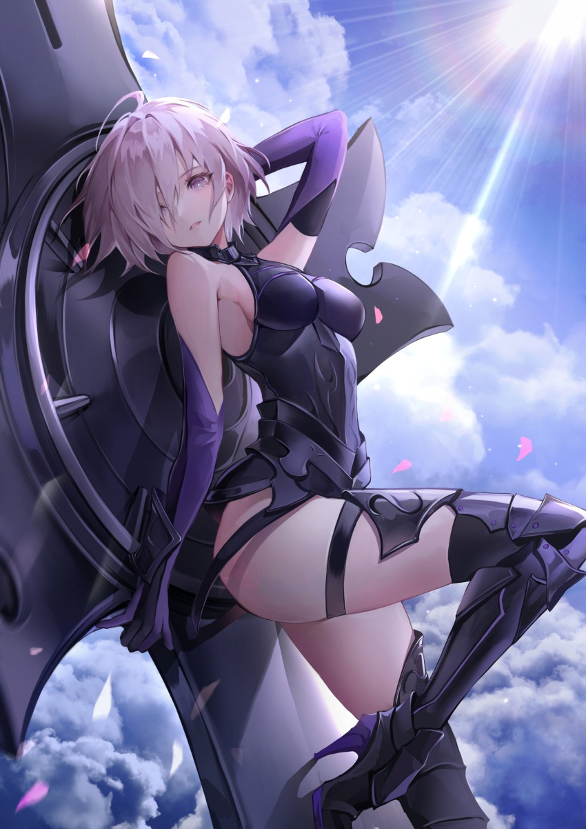 1girl armor armored_boots armored_dress bangs blue_sky boots clouds cloudy_sky commentary_request deadprince eyebrows_visible_through_hair fate/grand_order fate_(series) gauntlets grey_eyes hair_over_one_eye highres looking_at_viewer mash_kyrielight parted_lips petals shield short_hair sidelocks silver_hair sky solo standing standing_on_one_leg sunlight thigh-highs thigh_boots wind
