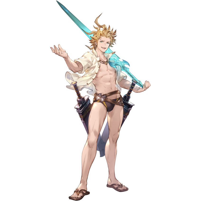 1boy abs ahoge bare_legs blonde_hair granblue_fantasy jewelry looking_at_viewer male_focus male_swimwear navel necklace official_art open_clothes open_mouth open_shirt over_shoulder pectorals popped_collar sandals sheath sheathed shirt short_sleeves siete smile solo standing swim_briefs sword sword_over_shoulder teeth transparent_background wavy_hair weapon weapon_over_shoulder white_shirt