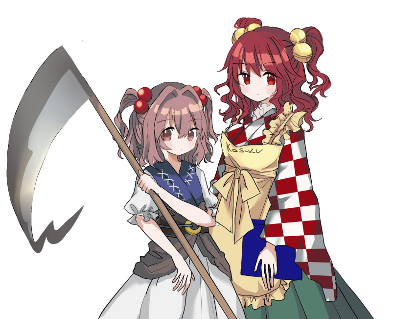 2girls apron bangs bell book checkered checkered_kimono cosplay costume_switch eyebrows_visible_through_hair hair_between_eyes hair_bobbles hair_ornament height_difference highres holding holding_book holding_weapon japanese_clothes kimono long_sleeves motoori_kosuzu multiple_girls onozuka_komachi puffy_short_sleeves puffy_sleeves scythe short_hair short_sleeves touhou two_side_up weapon zabuton_(mgdw5574)
