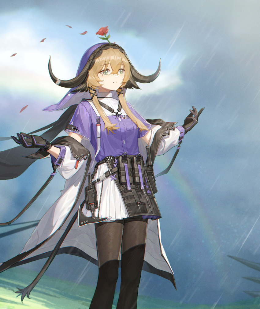 1girl absurdres animal_ears arknights bangs black_gloves black_pantyhose brown_hair clouds cloudy_sky commentary_request cow_ears cow_girl cow_horns detached_sleeves flower flower_on_head gloves green_eyes hair_between_eyes highres horns long_sleeves outdoors pallas_(arknights) pantyhose petals purple_shirt rain rainbow red_flower red_rose rose shirt short_sleeves skirt sky solo standing white_skirt yidie