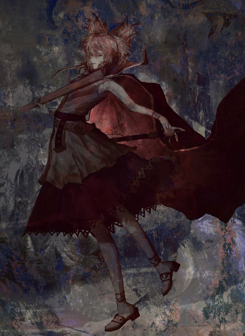 1girl abstract_background anklet bangs black_neckwear black_ribbon bracelet brown_cape brown_eyes cape closed_mouth full_body headphones highres holding jewelry light_brown_hair looking_at_viewer neck_ribbon pointy_hair purple_skirt ribbon ritual_baton sheath shirt shoes short_hair skirt sleeveless sleeveless_shirt smile solo sword touhou toyosatomimi_no_miko weapon white_footwear xbsx