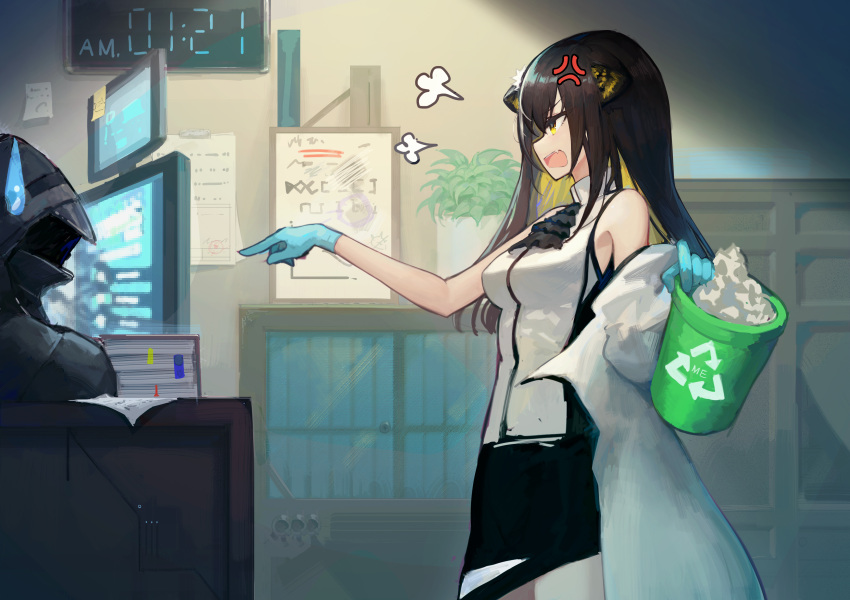 1girl 1other absurdres anger_vein animal_ears arknights ascot bare_arms black_neckwear blue_gloves brown_hair clock coat digital_clock doctor_(arknights) folinic_(arknights) gloves highres hood indoors long_hair looking_at_another mask monitor multicolored_hair nai_(daiduolaoge) note off_shoulder open_clothes open_coat open_mouth pointing shirt trash_can two-tone_hair white_coat white_shirt yellow_eyes