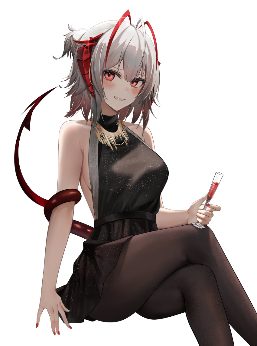 1girl absurdres antenna_hair arknights bangs bare_arms bare_shoulders black_dress black_legwear blush breasts commentary crossed_legs cup dress english_commentary eyebrows_visible_through_hair feet_out_of_frame highres horns jewelry large_breasts looking_at_viewer medium_hair nail_polish necklace pantyhose parted_lips red_eyes red_nails ru_zhai sideboob simple_background sitting sleeveless smile solo tail w_(arknights) white_background