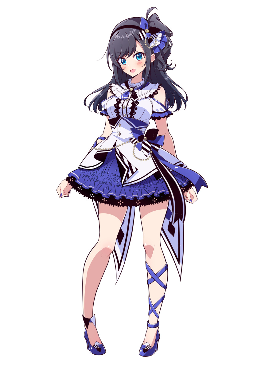 1girl absurdres bangs black_hair blouse blue_eyes blue_footwear blue_neckwear blue_skirt bokkun_(doyagaobyo) center_frills clothing_cutout commentary_request eyebrows_visible_through_hair frilled_sleeves frills full_body hair_ornament high_heels highres long_hair looking_at_viewer miniskirt nanami_rona neck_ribbon open_mouth palette_project ribbon short_sleeves shoulder_cutout simple_background skirt smile solo standing virtual_youtuber white_background white_blouse