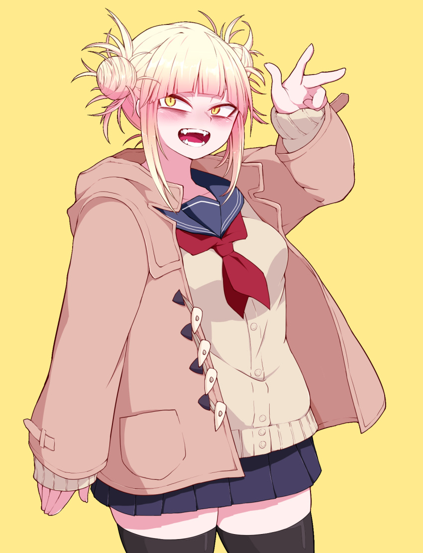 1girl :d bags_under_eyes bangs black_legwear blonde_hair blue_sailor_collar blue_skirt blunt_bangs boku_no_hero_academia cardigan coat double_bun fangs hair_up highres kneehighs looking_at_viewer messy_hair narrowed_eyes neckerchief okumari open_mouth pleated_skirt red_neckwear sailor_collar school_uniform serafuku sidelocks simple_background skirt slit_pupils smile socks solo teeth toga_himiko v winter_clothes winter_coat yellow_background yellow_cardigan yellow_eyes