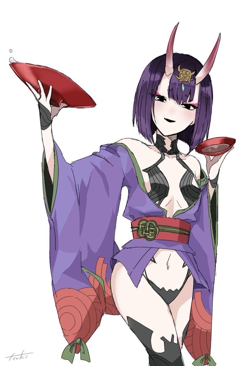 1girl alcohol bangs bare_shoulders bob_cut breasts bridal_gauntlets collarbone cup eyeliner fate/grand_order fate_(series) headpiece highres horns japanese_clothes kimono long_sleeves looking_at_viewer makeup navel obi off_shoulder oni oni_horns open_mouth purple_hair purple_kimono revealing_clothes sakazuki sake sash short_hair shuten_douji_(fate) skin-covered_horns small_breasts smile thighs tsu_ki2 violet_eyes wide_sleeves