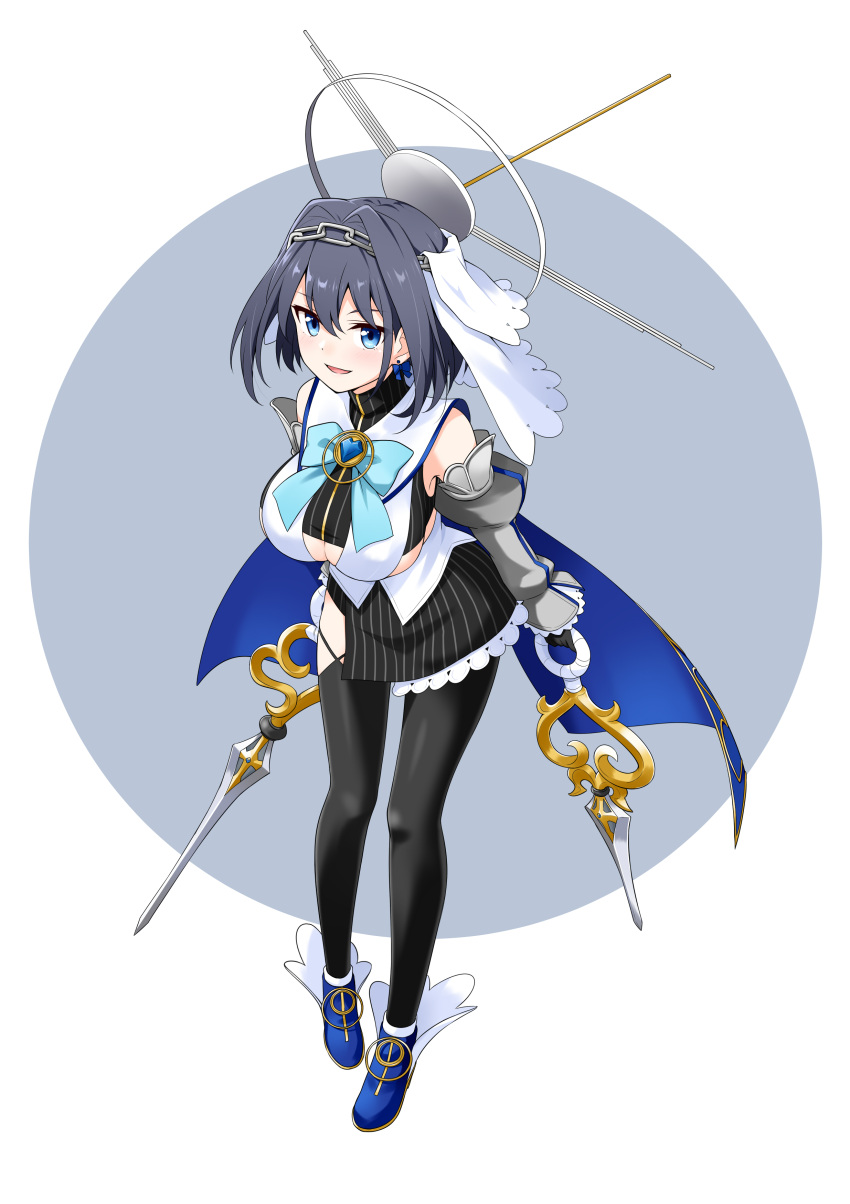 1girl absurdres blue_eyes blue_hair bow bow_earrings breasts detached_sleeves earrings felutiahime hair_intakes head_chain highres holding holding_sword holding_weapon hololive hololive_english jewelry large_breasts ouro_kronii short_hair solo sword thigh-highs virtual_youtuber weapon