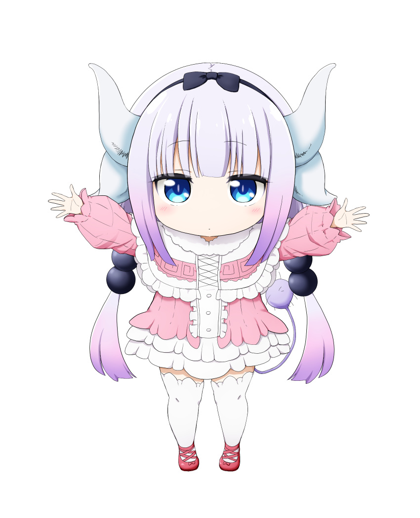 1girl bangs black_bow black_hairband blue_eyes blush bow capelet chibi closed_mouth dress eyebrows_visible_through_hair frilled_capelet frills full_body gradient_hair hair_bow hairband highres horns kanna_kamui kobayashi-san_chi_no_maidragon kuena long_hair long_sleeves low_twintails multicolored_hair multiple_horns outstretched_arms pink_dress puffy_long_sleeves puffy_sleeves purple_hair red_footwear shoes simple_background solo standing tail thigh-highs twintails very_long_hair white_background white_capelet white_legwear