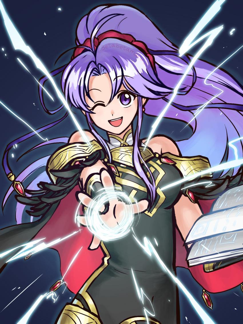 1girl alternate_costume bare_shoulders betabetamaru black_dress black_feathers blue_ribbon book cape dark_background dress earrings eyebrows_visible_through_hair fire_emblem fire_emblem:_genealogy_of_the_holy_war fire_emblem_heroes hair_ornament hair_ribbon hairband highres holding holding_book jewelry long_hair looking_at_viewer magic official_alternate_costume one_eye_closed open_mouth outstretched_hand ponytail purple_hair red_hairband ribbon sidelocks solo tailtiu_(fire_emblem) twitter_username upper_teeth very_long_hair violet_eyes