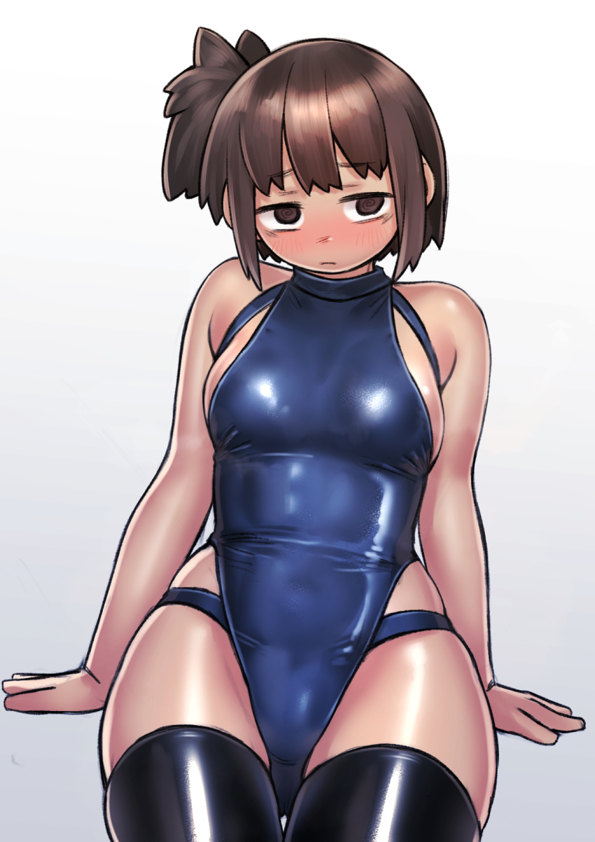 1girl @_@ arm_support black_legwear blush brown_eyes brown_hair closed_mouth competition_swimsuit cowboy_shot embarrassed grey_background highres kilye_kairi latex latex_legwear looking_at_viewer multi-strapped_swimsuit nose_blush one-piece_swimsuit original short_hair simple_background sitting solo swimsuit thigh-highs white_background wide_face