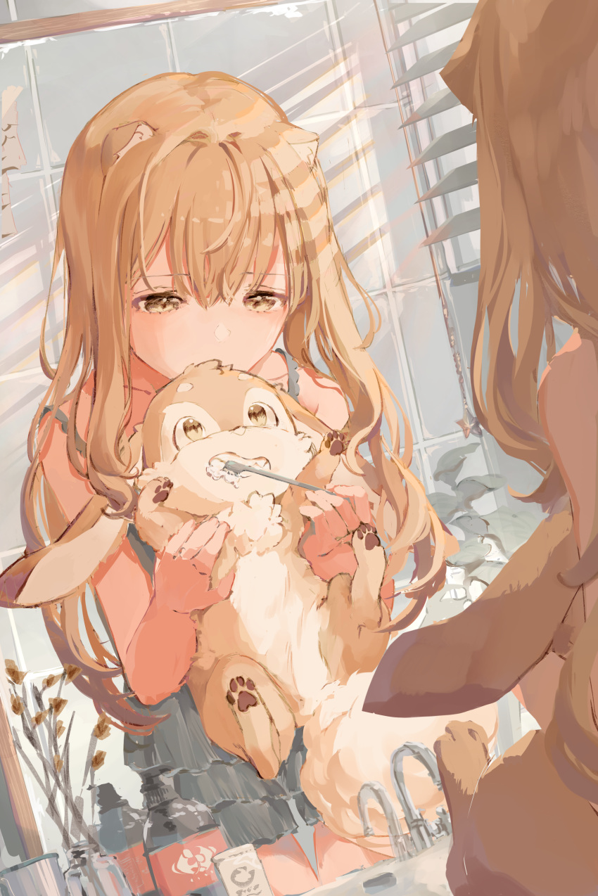 1girl absurdres animal animal_ears brown_eyes brushing_another's_teeth day highres holding holding_animal indoors light_brown_hair mirror original paru_(parucom) rabbit sink standing sunlight toothbrush vase window