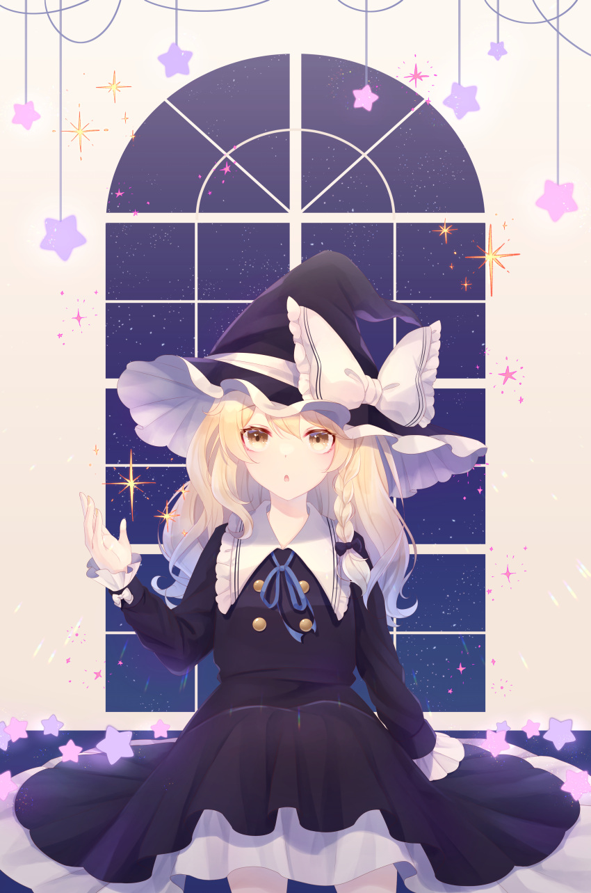 1girl absurdres bangs black_bow black_dress black_headwear blonde_hair blue_bow blue_neckwear bow bowtie braid brown_eyes buttons collar collared_dress dress eyebrows_visible_through_hair frills hair_between_eyes hair_bow hand_up hat hat_bow highres kirisame_marisa long_hair long_sleeves looking_up night night_sky open_mouth shinketsu_kanyu single_braid sitting sky solo sparkle star_(sky) star_(symbol) starry_sky touhou wall white_bow window witch_hat yellow_eyes