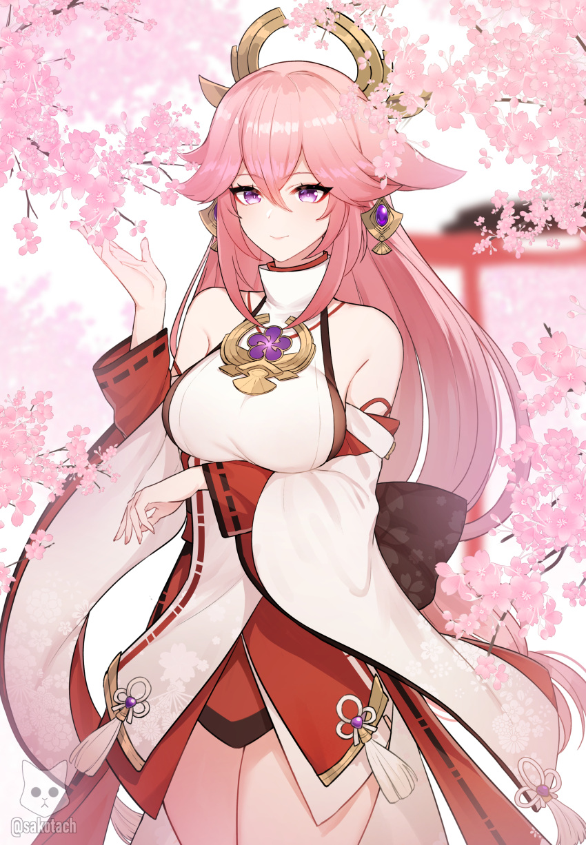 1girl absurdres animal_ears arm_under_breasts blurry blurry_background branch breasts cherry_blossoms cherry_tree closed_mouth cowboy_shot earrings eyebrows_visible_through_hair flower fox_ears genshin_impact highres japanese_clothes jewelry long_hair looking_at_viewer medium_breasts miko outdoors pink_hair priestess purple_flower ribbon-trimmed_sleeves ribbon_trim sakotach sidelocks smile solo torii twitter_username violet_eyes vision_(genshin_impact) watermark white_background wide_sleeves yae_(genshin_impact)
