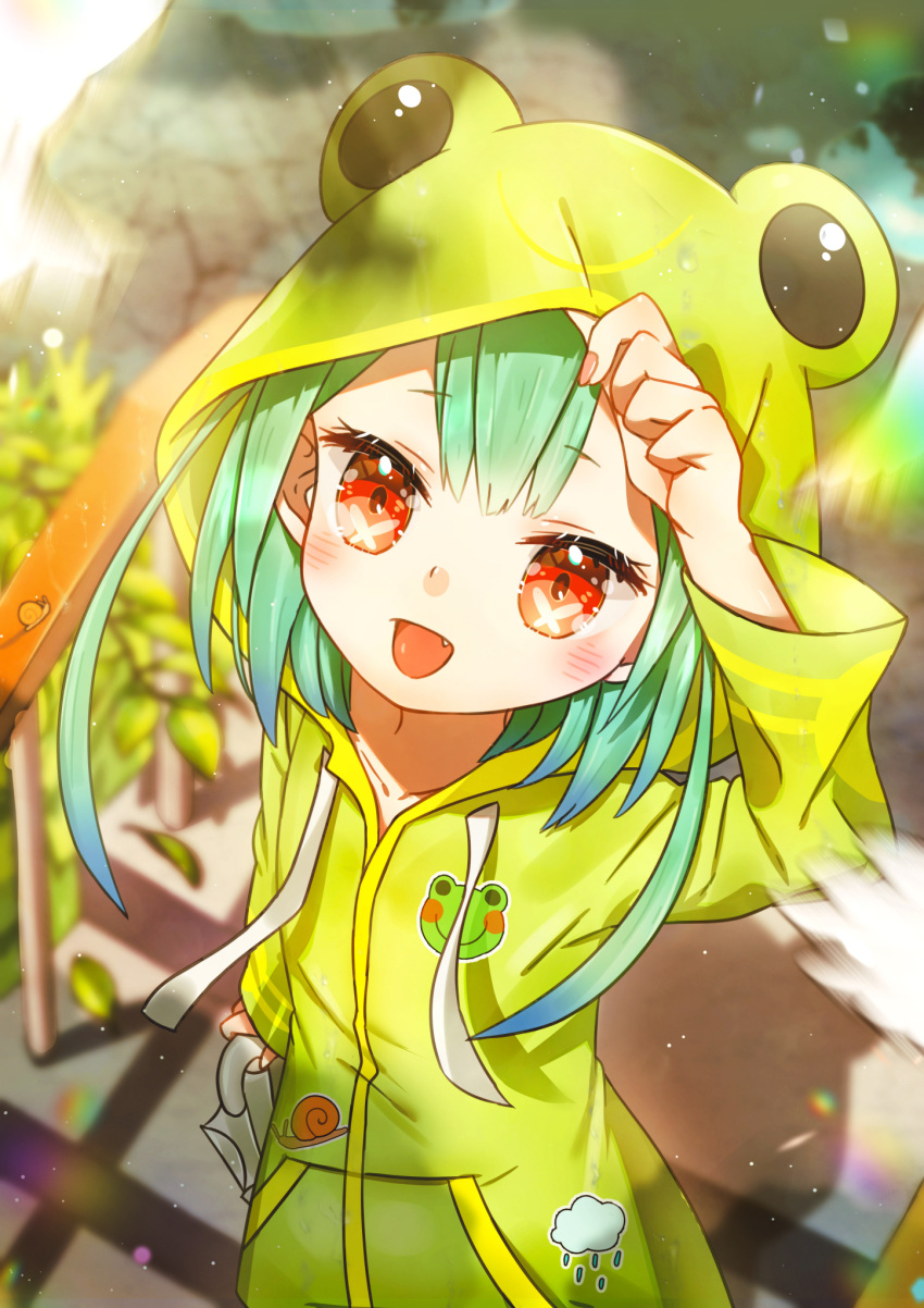 1girl :d adjusting_hood animal_print blurry blurry_background blush cloud_print fang frog_print frog_raincoat green_hair highres hololive hood koka12312 long_sleeves open_mouth red_eyes smile snail_print solo symbol-only_commentary upper_body uruha_rushia virtual_youtuber yellow_raincoat