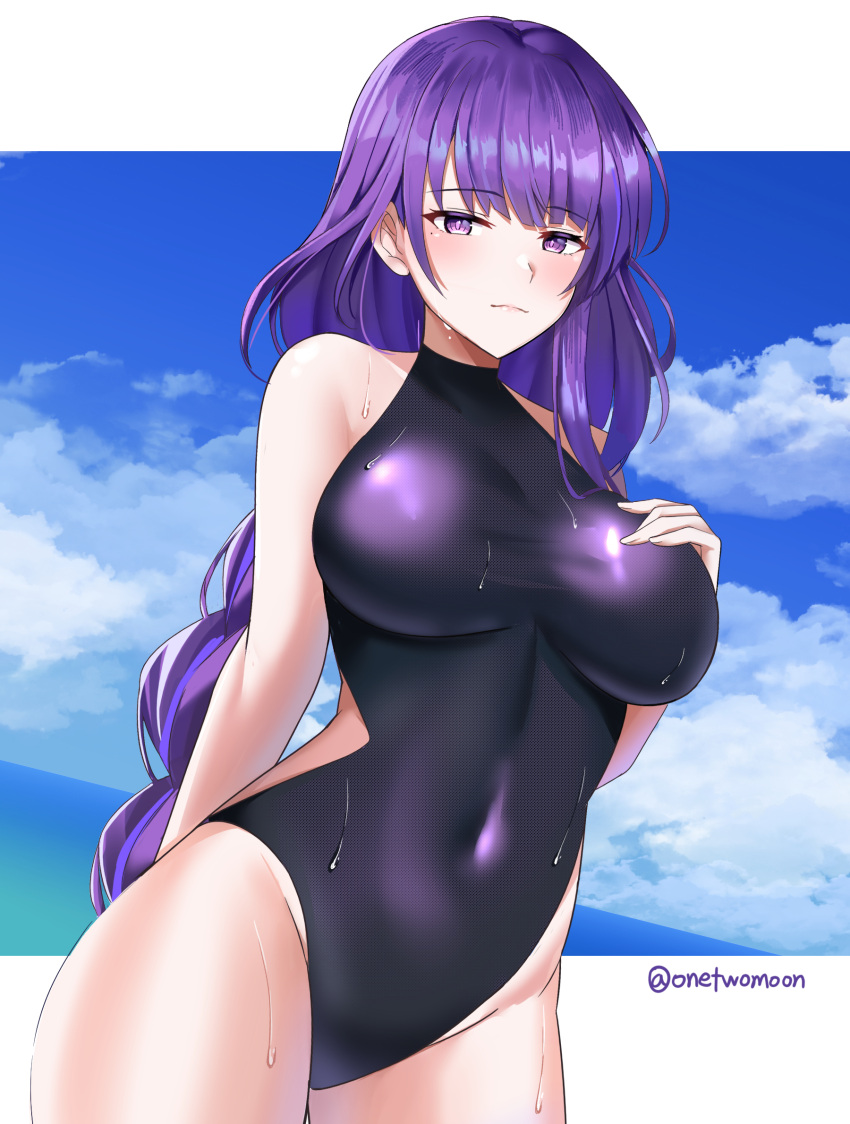 1girl arm_behind_back bangs bare_shoulders black_swimsuit blue_sky border braid braided_ponytail breasts closed_mouth clouds covered_navel cowboy_shot genshin_impact hand_on_own_chest highres horizon large_breasts long_hair looking_at_viewer mole mole_under_eye one-piece_swimsuit outside_border purple_hair raiden_shogun sky solo standing swimsuit twitter_username twomoon violet_eyes water wet wet_clothes wet_swimsuit white_border