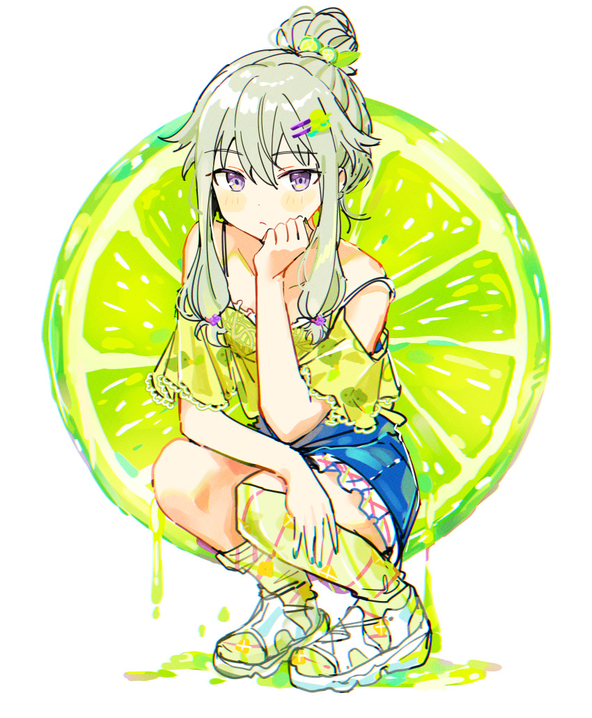1girl absurdres blouse blue_nails blue_skirt bra bra_strap closed_mouth collarbone commentary_request dripping eyebrows_visible_through_hair food fruit full_body green_blouse green_legwear grey_hair hair_bun hair_ornament hairclip hand_on_own_chin highres huge_filesize kneehighs kusanagi_nene lime_(fruit) long_hair looking_at_viewer off-shoulder_shirt off_shoulder pjmiyo project_sekai shirt sidelocks simple_background skirt solo squatting strap_slip underwear violet_eyes white_background white_bra white_footwear