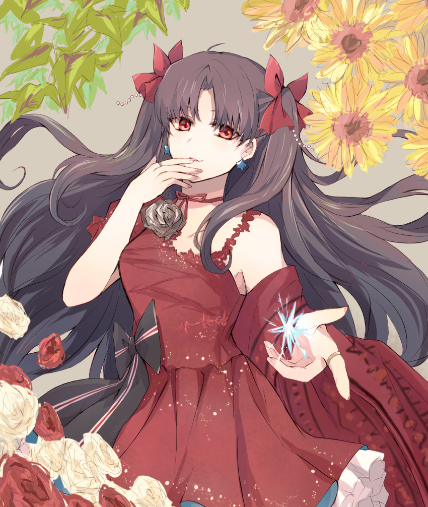 0825belle 1girl black_bow bow brown_hair choker closed_mouth collarbone dress earrings fate/grand_order fate_(series) floating_hair flower grey_background hair_bow hair_intakes highres ishtar_(fate)_(all) jewelry long_hair looking_at_viewer red_bow red_dress red_eyes red_flower red_ribbon red_rose ribbon ribbon_choker ring rose shiny shiny_hair sketch smile solo standing star_(symbol) star_earrings very_long_hair white_flower white_rose yellow_flower