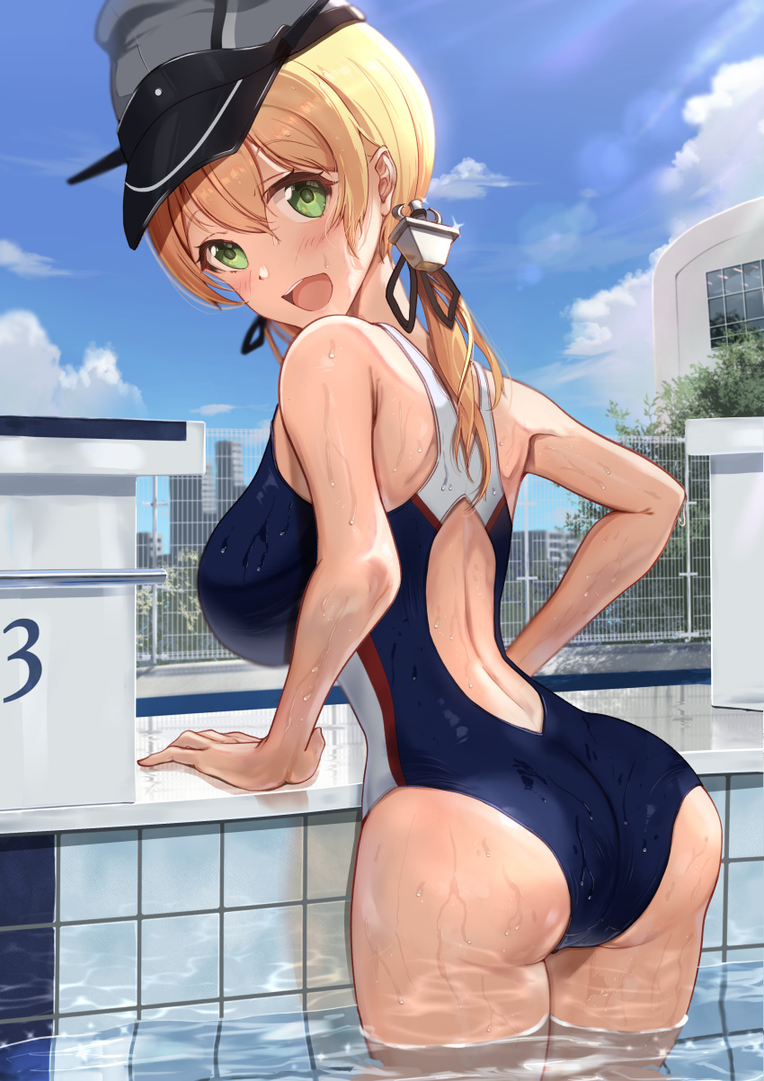 1girl absurdres anchor_hair_ornament ass back blonde_hair blush breasts competition_swimsuit cowboy_shot green_eyes hair_ornament hat highres kantai_collection large_breasts long_hair looking_at_viewer looking_back low_twintails military_hat one-piece_swimsuit open_mouth peaked_cap pool prinz_eugen_(kancolle) swimsuit taki_rentaro tree twintails water water_drop