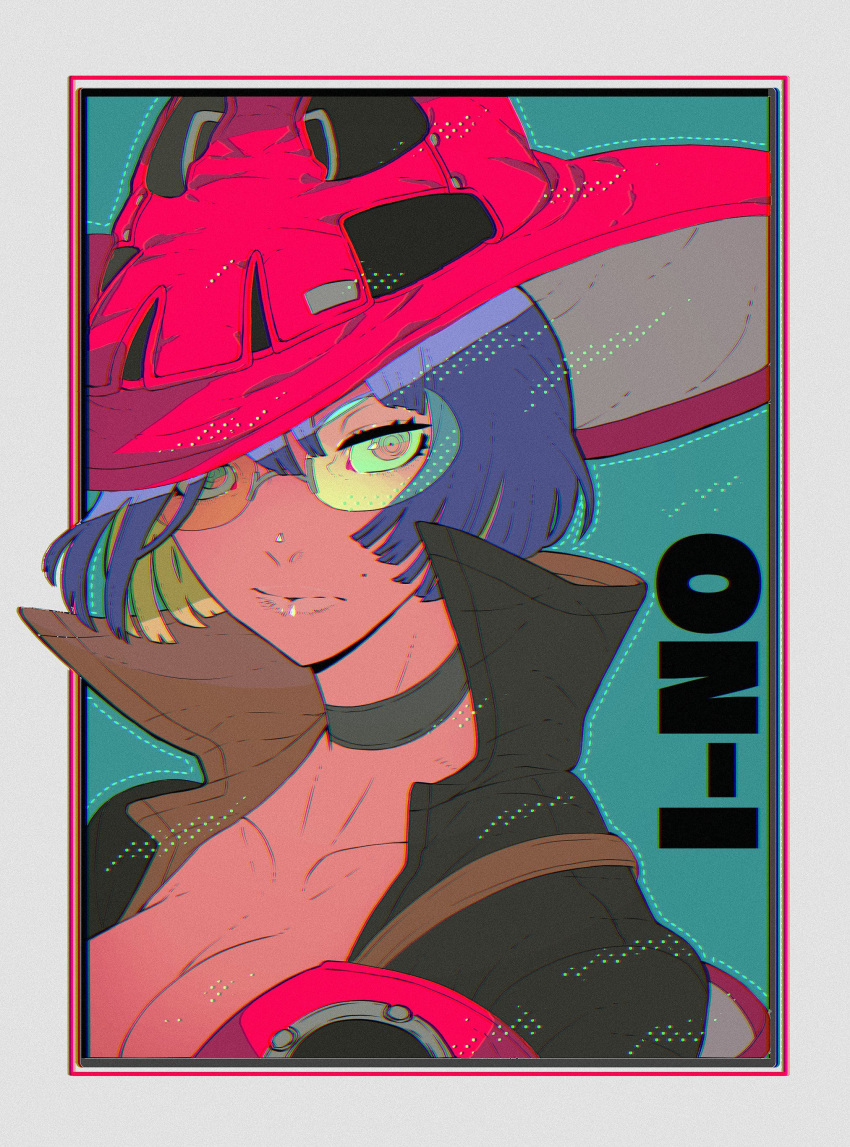 1girl absurdres blue_hair choker guilty_gear guilty_gear_strive hat highres i-no jacket lips looking_at_viewer portrait red_headwear red_jacket short_hair straight_hair sunglasses tinted_eyewear very_short_hair witch_hat yohane_shimizu