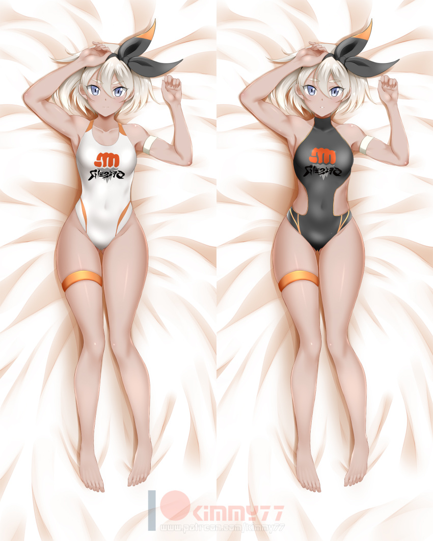1girl adapted_costume bangs banned_artist barefoot bea_(pokemon) bed_sheet black_hairband black_leotard blonde_hair bow_hairband breasts closed_mouth commentary covered_navel dakimakura_(medium) eyelashes from_above full_body grey_eyes hair_between_eyes hairband highres kimmy77 knees leotard looking_at_viewer lying medium_hair multiple_views on_back parted_lips patreon_logo pokemon pokemon_(game) pokemon_swsh shiny shiny_skin thigh_strap toes watermark white_leotard