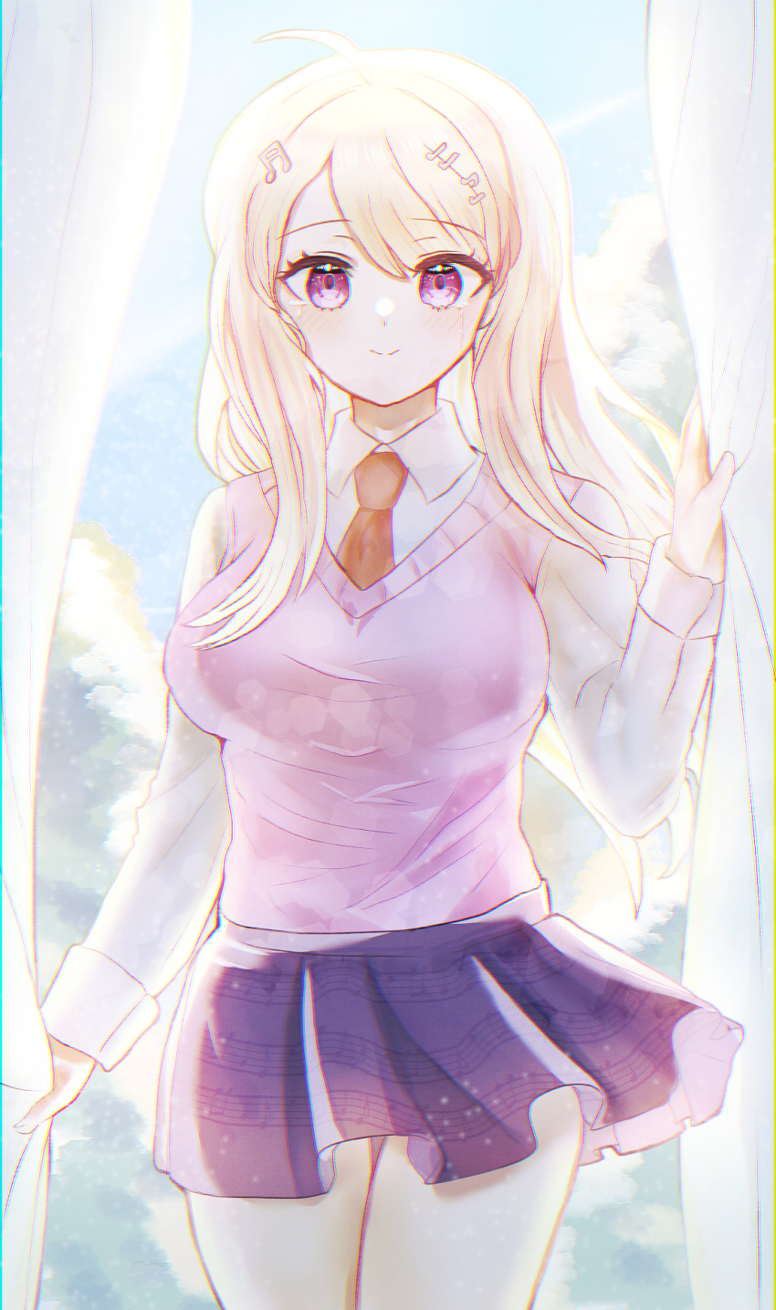 1girl ahoge akamatsu_kaede bangs blonde_hair breasts closed_mouth collared_shirt commentary_request cowboy_shot dangan_ronpa_(series) dangan_ronpa_v3:_killing_harmony hair_ornament hand_up highres long_hair long_sleeves looking_at_viewer miniskirt musical_note_hair_ornament necktie pleated_skirt purple_skirt school_uniform shirt skirt smile snow_finale solo striped sweater_vest violet_eyes white_shirt wing_collar