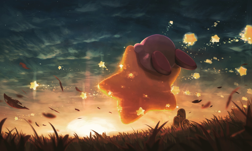 blurry clouds depth_of_field flying from_behind grass highres kirby kirby_(series) leaves_in_wind sky star_(sky) star_(symbol) starry_sky sun sunset suyasuyabi warp_star