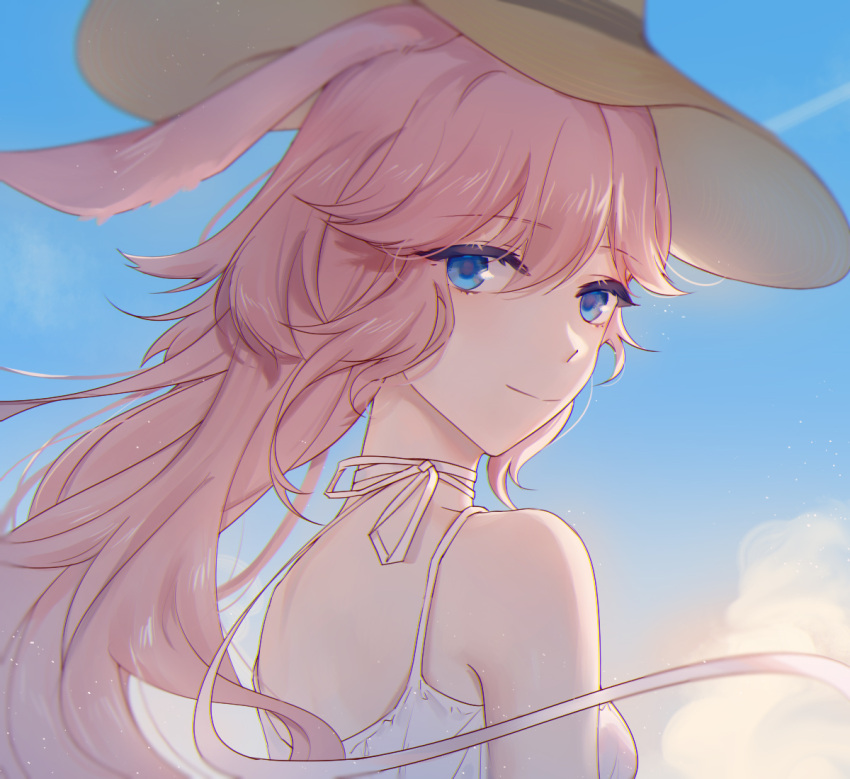 1girl animal_ears back blue_eyes blue_sky brown_headwear clouds cloudy_sky dress fox_ears hair_between_eyes hat honkai_(series) honkai_impact_3rd long_hair looking_at_viewer looking_back outdoors pink_hair silence_(pixiv18541142) sky sleeveless sleeveless_dress solo straw_hat sundress yae_sakura